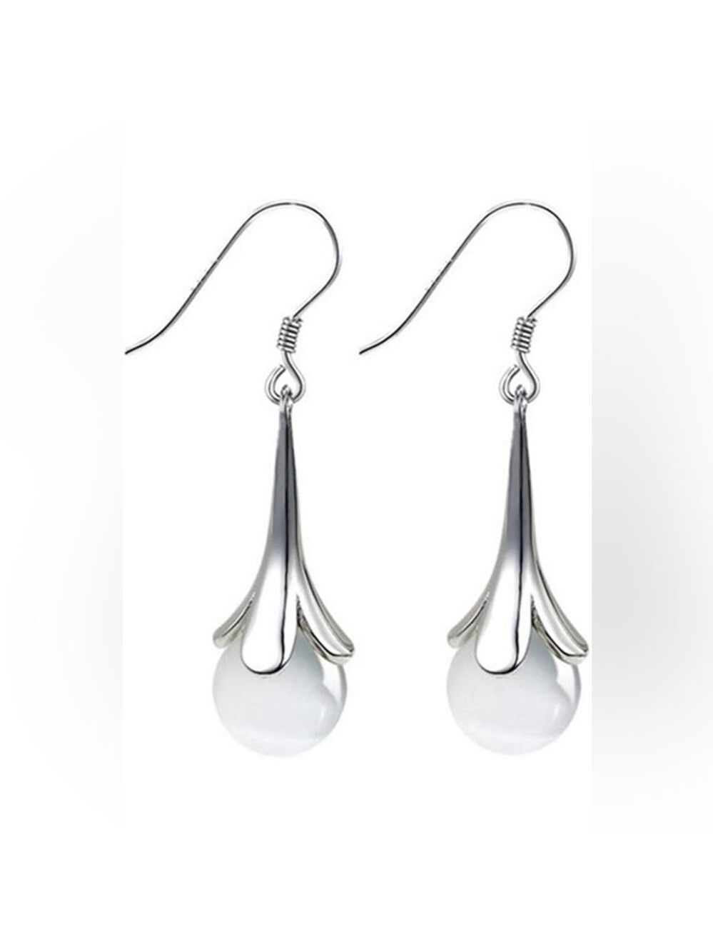 Earrings Dangle Silver Tone With Round White Stone